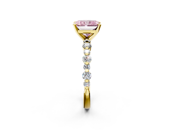 Yellow gold Fancy Pink Radiant Cut Diamond Prong Set Engagement Ring with Pavé Band