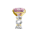 Yellow gold Fancy Pink Radiant  Diamond Prong Setting with Side Stones on a Pave Band_135