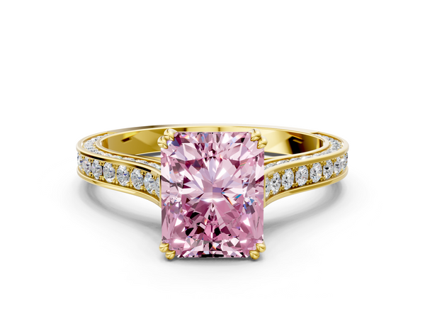 Yellow gold Fancy Pink Radiant  Diamond Solitaire with Pave Band and Six-Prong Setting