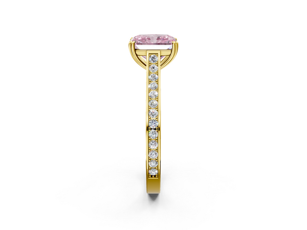 Yellow gold Fancy Pink Radiant  Diamond Solitaire with Pave Band and Six-Prong Setting