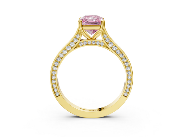 Yellow gold Fancy Pink Radiant  Diamond Solitaire with Pave Band and Six-Prong Setting