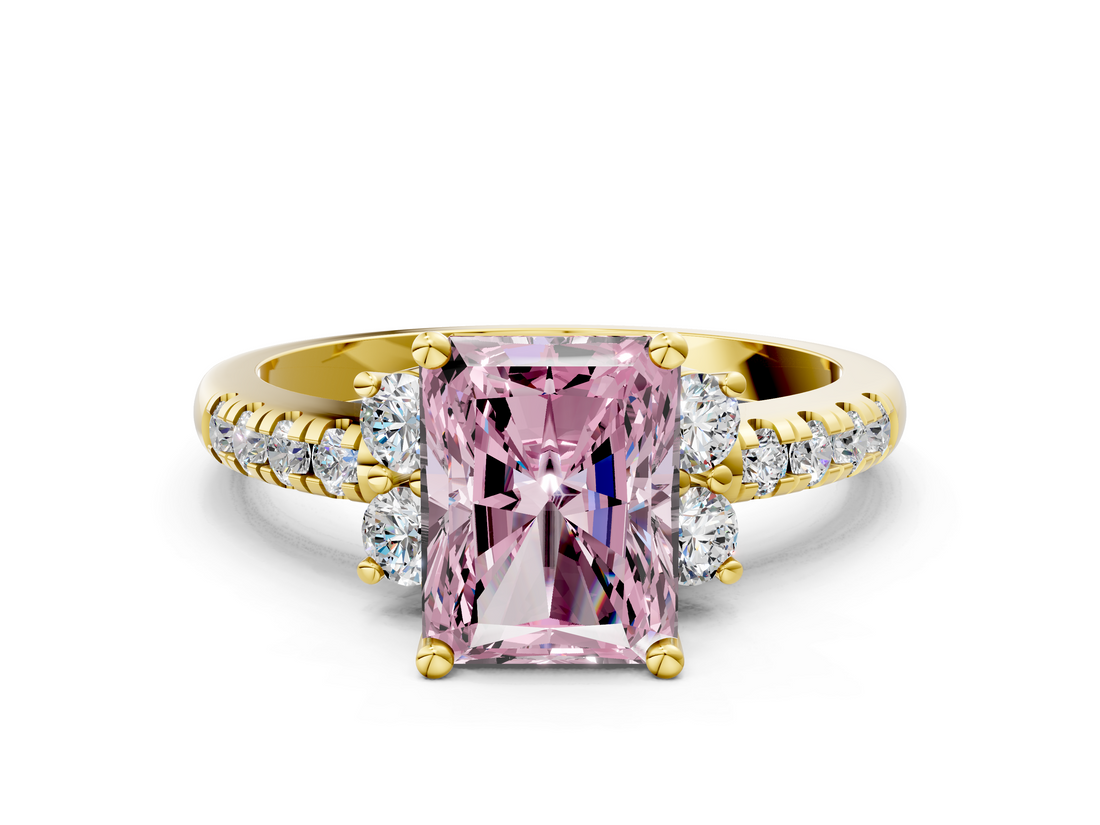 Yellow gold Fancy Pink Radiant  Diamond Three-Stone Pave Band with Four-Prong Setting_20
