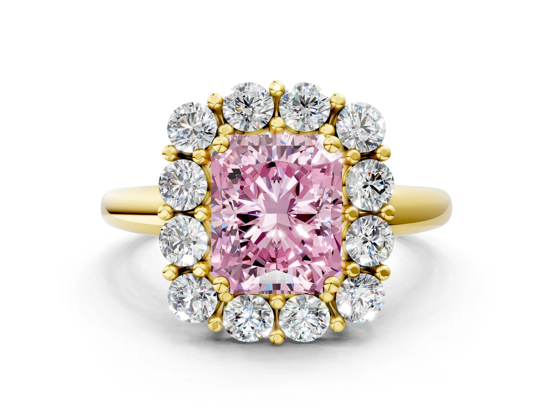 Yellow gold Fancy Pink Radiant  Halo Cluster Diamond Engagement Ring with Prong Setting and Polished Band_87