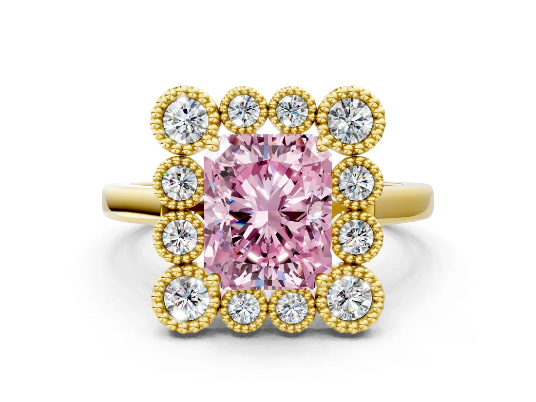Yellow gold Fancy Pink Radiant  Halo Diamond Cluster Engagement Ring with Milgrain Bezel Setting and Solitaire Band_39
