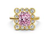 Yellow gold Fancy Pink Radiant  Halo Diamond Cluster Engagement Ring with Milgrain Bezel Setting and Solitaire Band_39