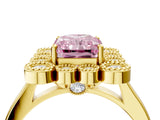 Yellow gold Fancy Pink Radiant  Halo Diamond Cluster Engagement Ring with Milgrain Bezel Setting and Solitaire Band_43
