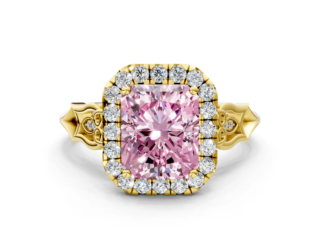 Yellow gold Fancy Pink Radiant  Halo Diamond Engagement Ring with Filigree Band and Four-Prong Setting_100