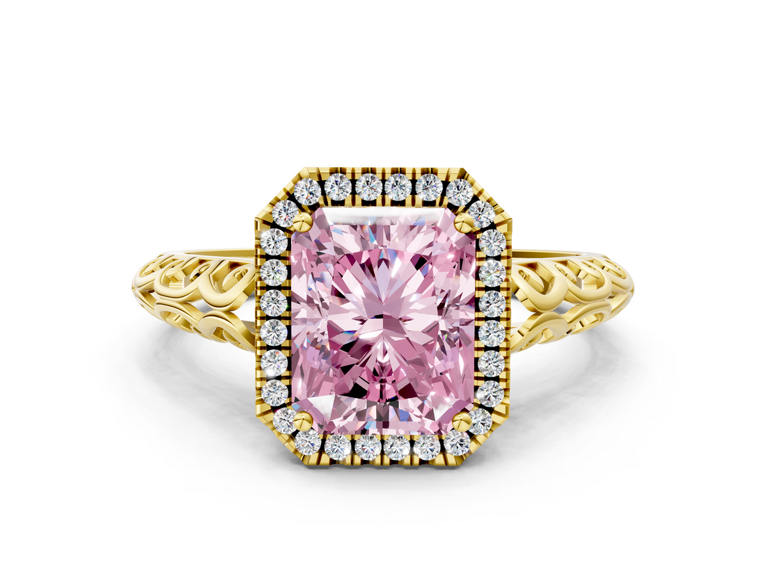 Yellow gold Fancy Pink Radiant  Halo Diamond Engagement Ring with Intricate Filigree Band and Four-Prong Setting_54