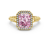 Yellow gold Fancy Pink Radiant  Halo Diamond Engagement Ring with Intricate Filigree Band and Four-Prong Setting_54