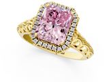 Yellow gold Fancy Pink Radiant  Halo Diamond Engagement Ring with Intricate Filigree Band and Four-Prong Setting_55