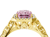 Yellow gold Fancy Pink Radiant  Halo Diamond Engagement Ring with Intricate Filigree Band and Four-Prong Setting_58