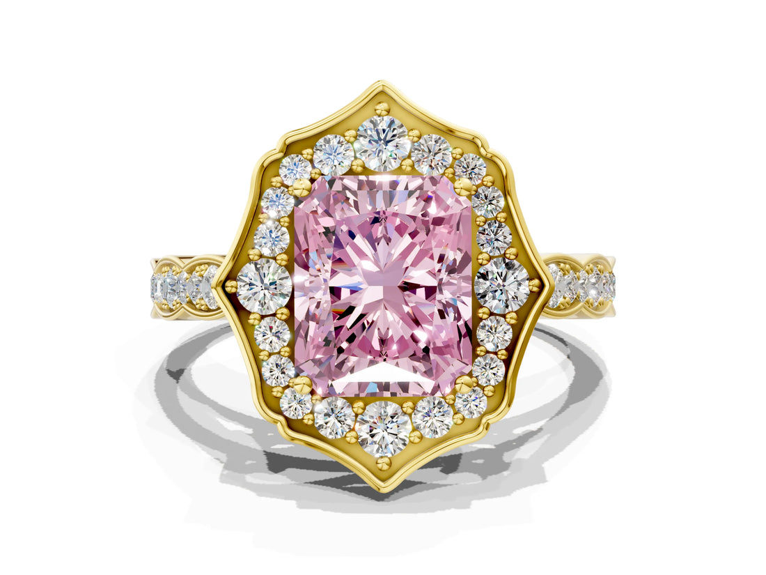 Yellow gold Fancy Pink Radiant  Halo Diamond Engagement Ring with Milgrain Band and Four-Prong Setting_54