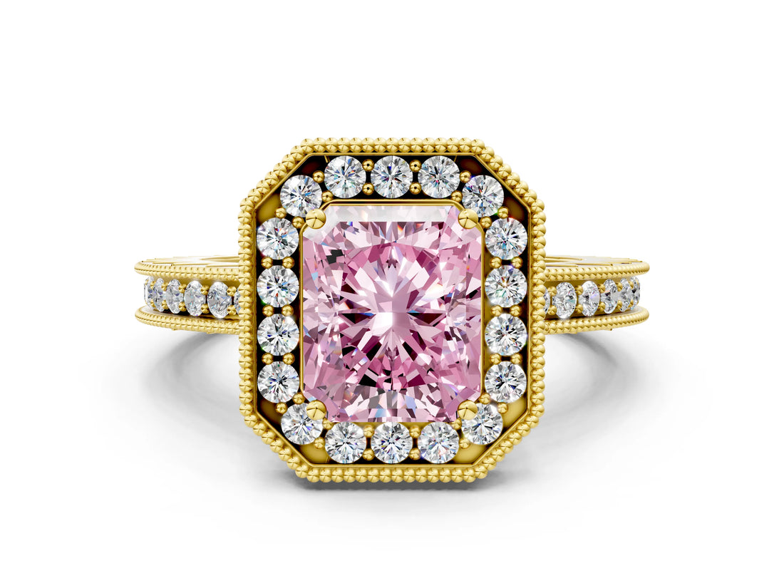 Yellow gold Fancy Pink Radiant  Halo Diamond Engagement Ring with Milgrain Pave Band and Four-Prong Setting_27