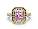Yellow gold Fancy Pink Radiant  Halo Diamond Engagement Ring with Milgrain Pave Band and Four-Prong Setting_57