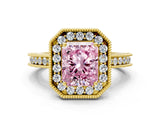 Yellow gold Fancy Pink Radiant  Halo Diamond Engagement Ring with Milgrain Pave Band and Four-Prong Setting_69