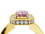 Yellow gold Fancy Pink Radiant  Halo Diamond Engagement Ring with Milgrain Pave Band and Four-Prong Setting_73