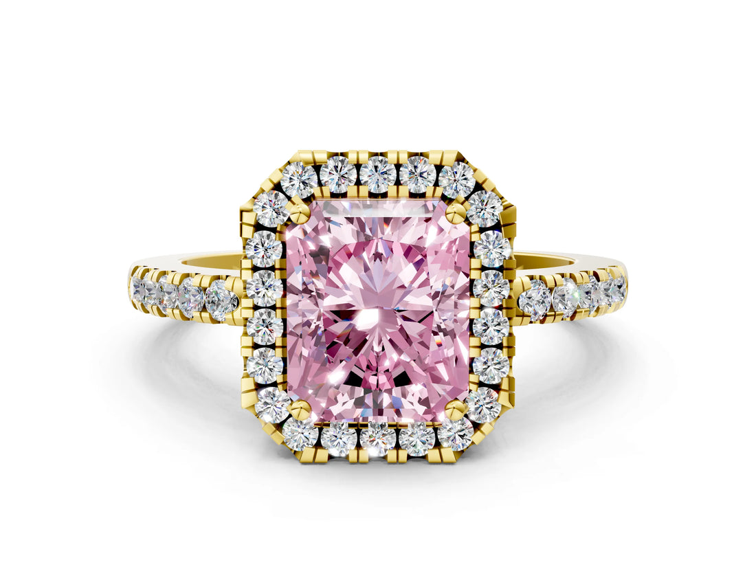 Yellow gold Fancy Pink Radiant  Halo Diamond Engagement Ring with Pavé Band and Four-Prong Setting_99