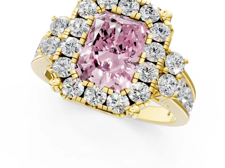 Yellow gold Fancy Pink Radiant  Halo Diamond Engagement Ring with Split Shank and Four-Prong Setting