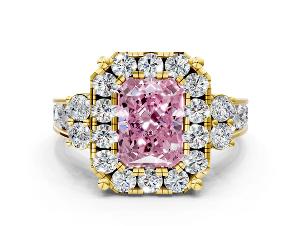Yellow gold Fancy Pink Radiant  Halo Diamond Engagement Ring with Split Shank and Four-Prong Setting