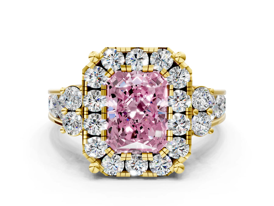 Yellow gold Fancy Pink Radiant  Halo Diamond Engagement Ring with Split Shank and Four-Prong Setting