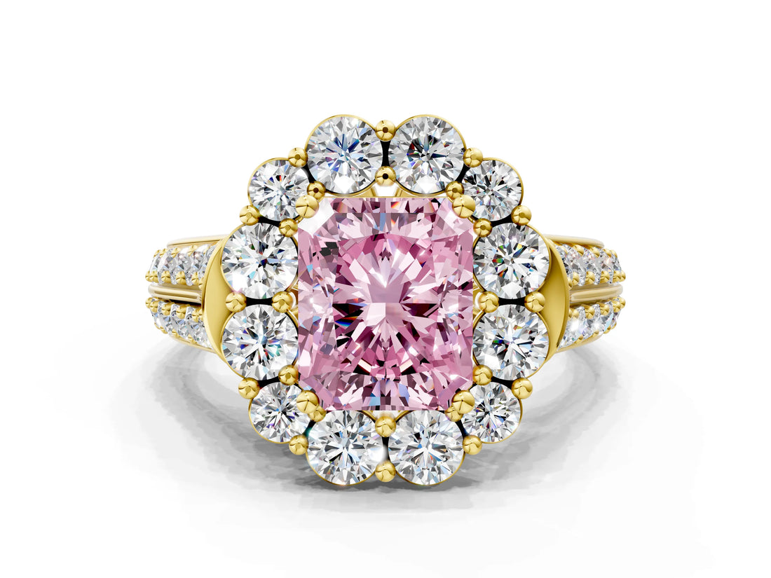 Yellow gold Fancy Pink Radiant  Halo Diamond Engagement Ring with Split Shank and Prong Setting_66