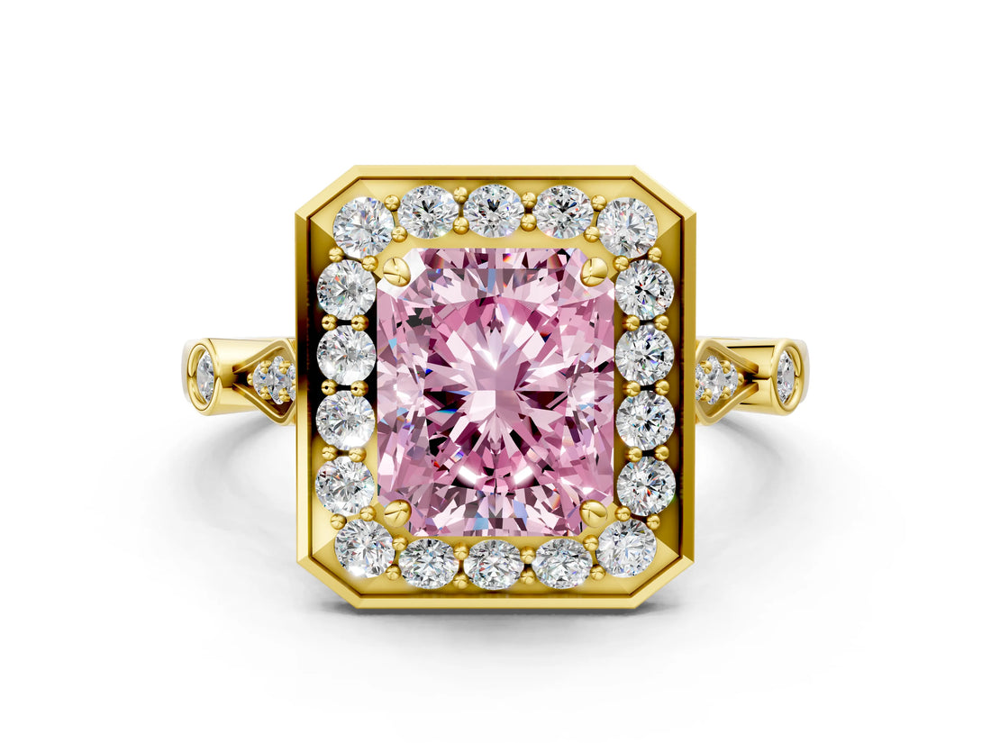 Yellow gold Fancy Pink Radiant  Halo Diamond Engagement Ring with Twisted Band and Four-Prong Setting