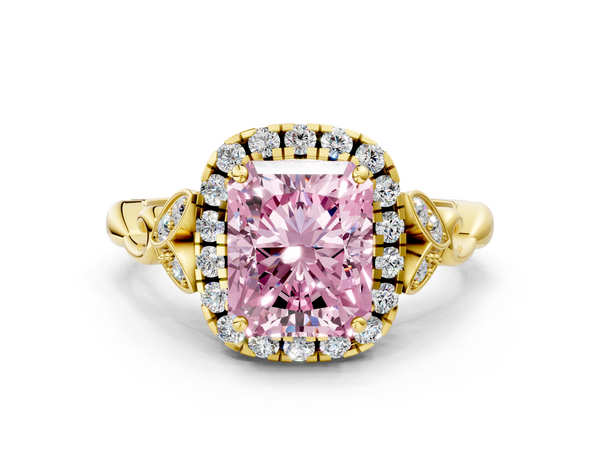 Yellow gold Fancy Pink Radiant  Halo Diamond Engagement Ring with Vintage-Inspired Band and Four-Prong Setting