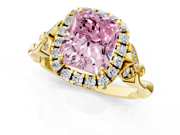 Yellow gold Fancy Pink Radiant  Halo Diamond Engagement Ring with Vintage-Inspired Band and Four-Prong Setting