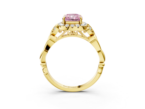 Yellow gold Fancy Pink Radiant  Halo Diamond Engagement Ring with Vintage-Inspired Band and Four-Prong Setting