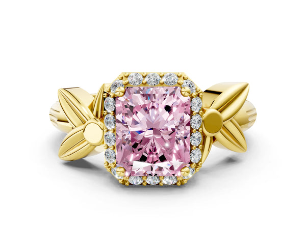 Yellow gold Fancy Pink Radiant  Halo Diamond Floral Band with Four-Prong Setting