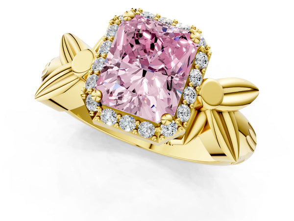 Yellow gold Fancy Pink Radiant  Halo Diamond Floral Band with Four-Prong Setting