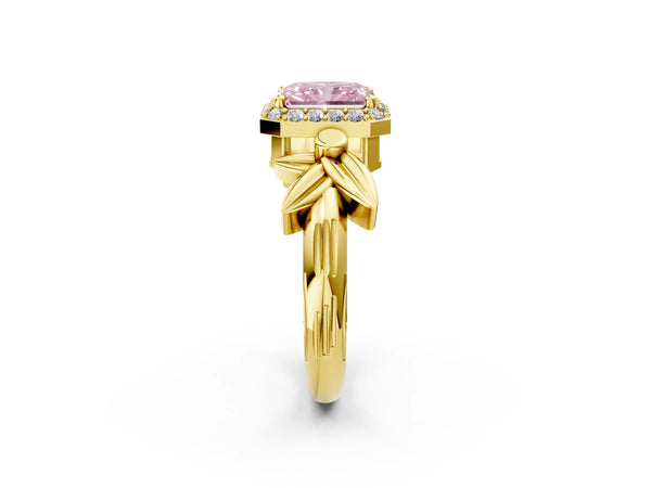 Yellow gold Fancy Pink Radiant  Halo Diamond Floral Band with Four-Prong Setting