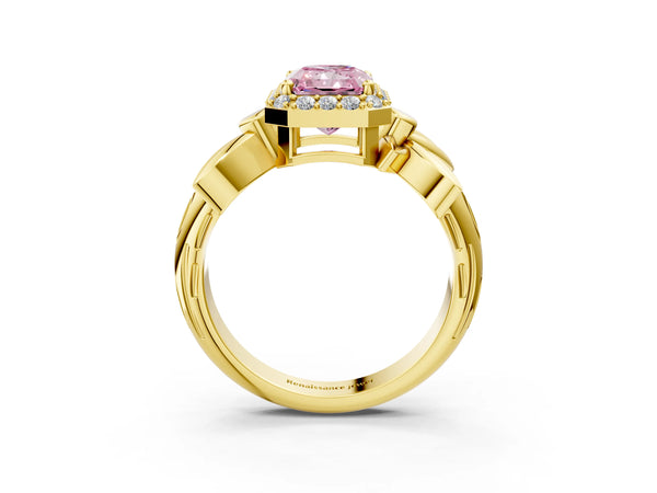 Yellow gold Fancy Pink Radiant  Halo Diamond Floral Band with Four-Prong Setting