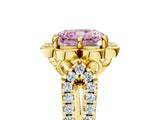 Yellow gold Fancy Pink Radiant  Halo Diamond Floral Split Shank Engagement Ring 1