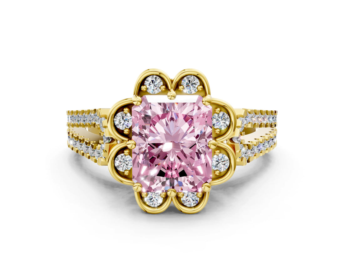 Yellow gold Fancy Pink Radiant  Halo Diamond Floral Split Shank Engagement Ring 2