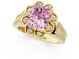 Yellow gold Fancy Pink Radiant  Halo Diamond Floral Split Shank Engagement Ring 3