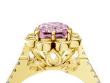 Yellow gold Fancy Pink Radiant  Halo Diamond Floral Split Shank Engagement Ring