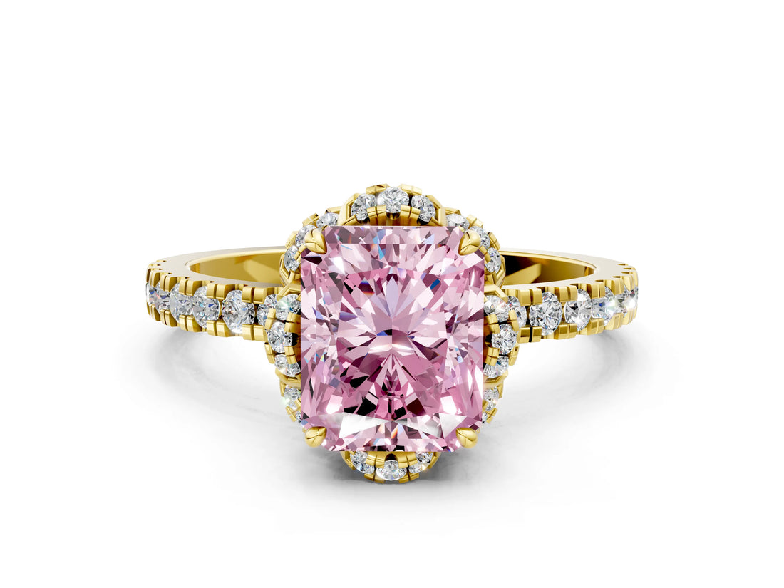 Yellow gold Fancy Pink Radiant  Halo Diamond Pave Band Ring with Four-Prong Setting_15