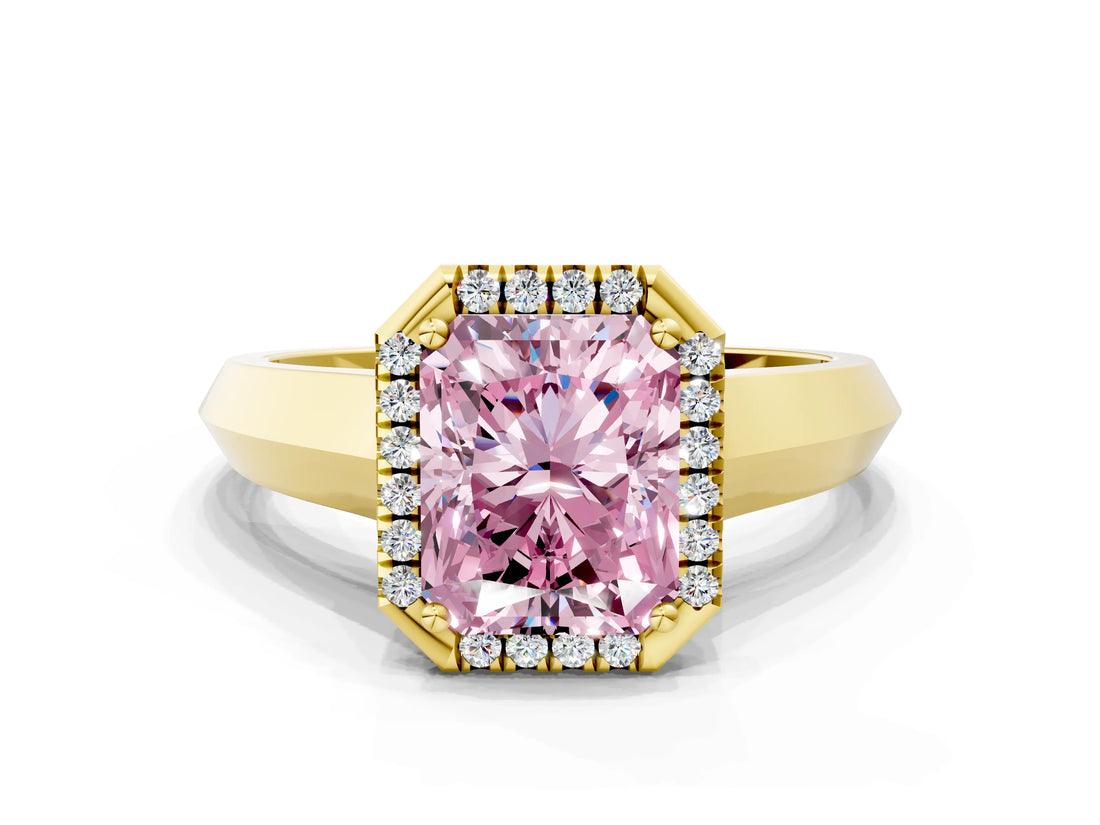 Yellow gold Fancy Pink Radiant  Halo Diamond Ring with Cathedral Band and Four-Prong Setting_49