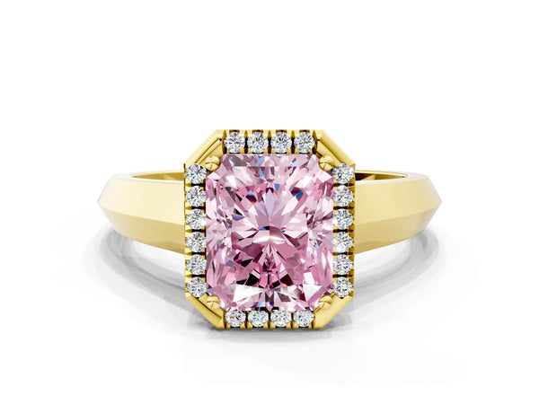 Yellow gold Fancy Pink Radiant  Halo Diamond Ring with Cathedral Band and Four-Prong Setting