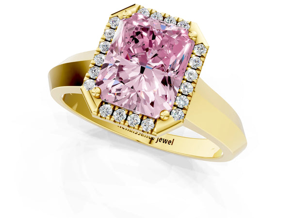 Yellow gold Fancy Pink Radiant  Halo Diamond Ring with Cathedral Band and Four-Prong Setting