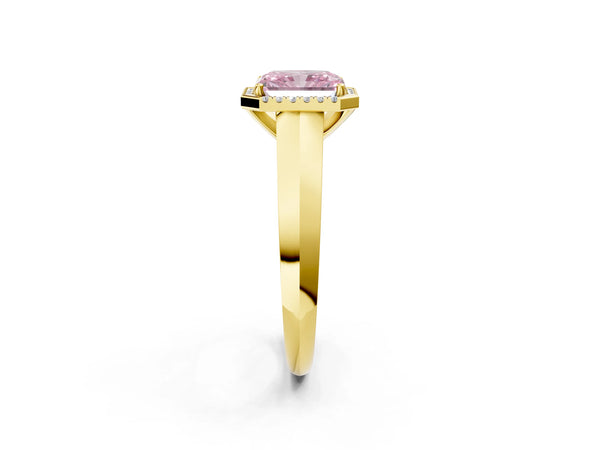 Yellow gold Fancy Pink Radiant  Halo Diamond Ring with Cathedral Band and Four-Prong Setting
