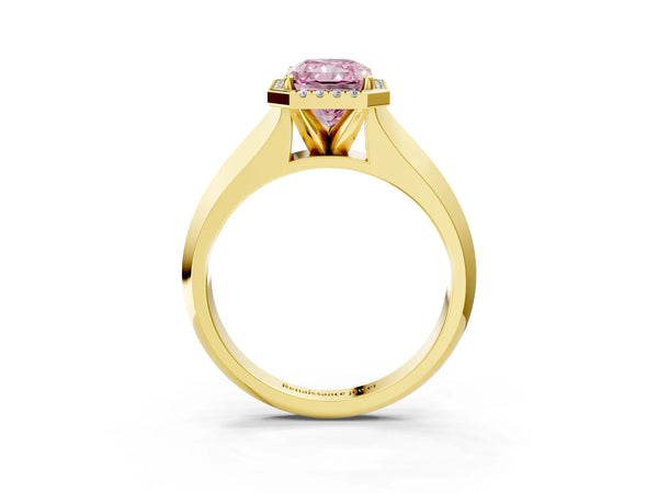 Yellow gold Fancy Pink Radiant  Halo Diamond Ring with Cathedral Band and Four-Prong Setting