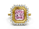 Yellow gold Fancy Pink Radiant  Halo Diamond Ring with Milgrain Edge and Round Prong Setting_26