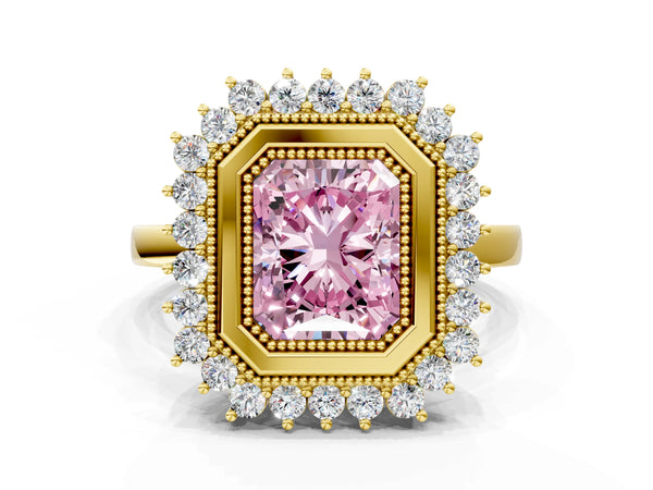 Yellow gold Fancy Pink Radiant  Halo Diamond Ring with Milgrain Edge and Round Prong Setting