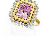 Yellow gold Fancy Pink Radiant  Halo Diamond Ring with Milgrain Edge and Round Prong Setting_27