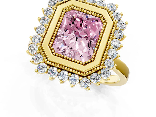 Yellow gold Fancy Pink Radiant  Halo Diamond Ring with Milgrain Edge and Round Prong Setting