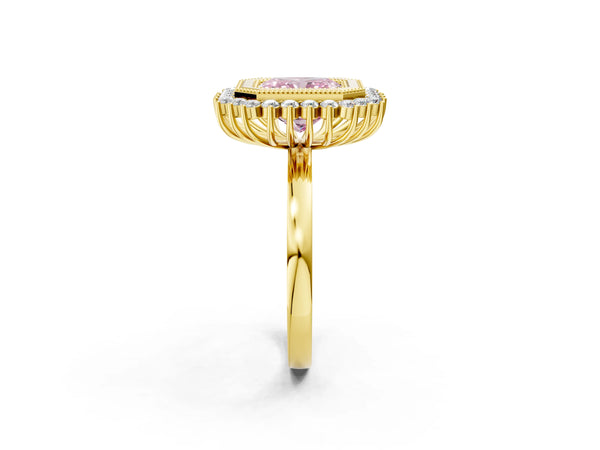 Yellow gold Fancy Pink Radiant  Halo Diamond Ring with Milgrain Edge and Round Prong Setting