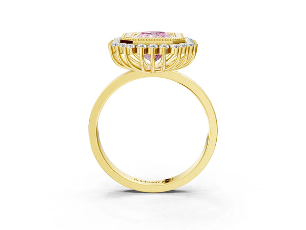 Yellow gold Fancy Pink Radiant  Halo Diamond Ring with Milgrain Edge and Round Prong Setting