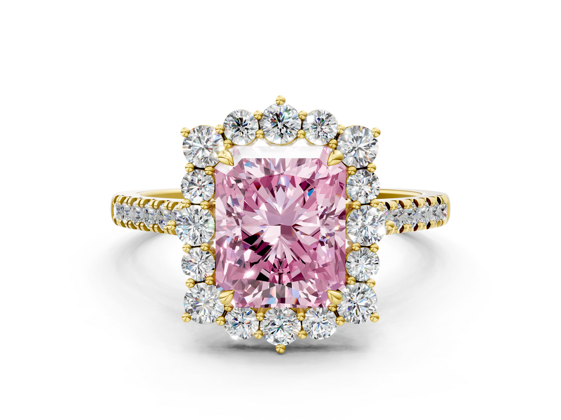 Yellow gold Fancy Pink Radiant  Halo Diamond Ring with Pavé Band and Prong Setting_37